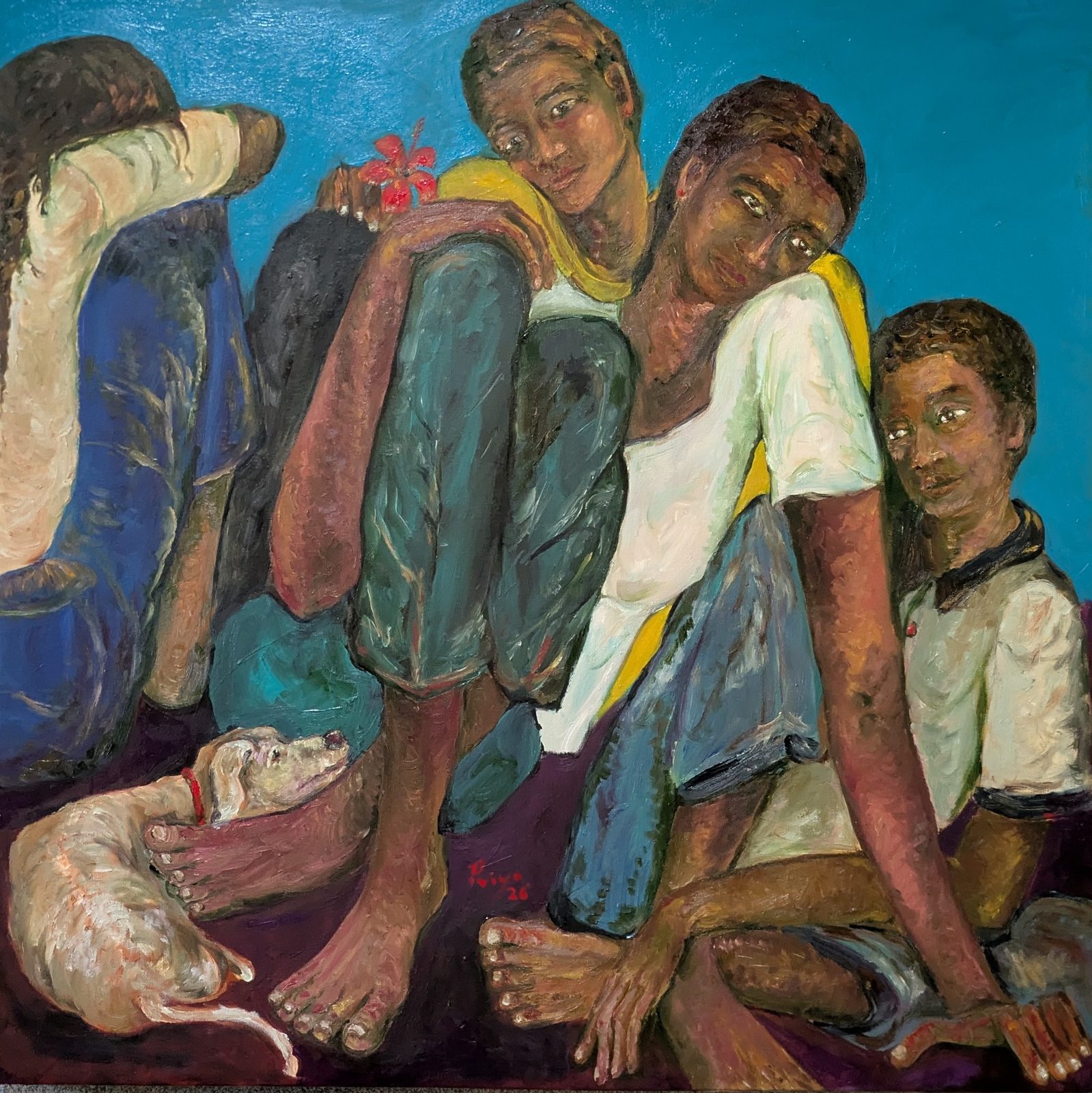 Huddle — four figures pressed close together against a turquoise sky, a white dog asleep at their feet