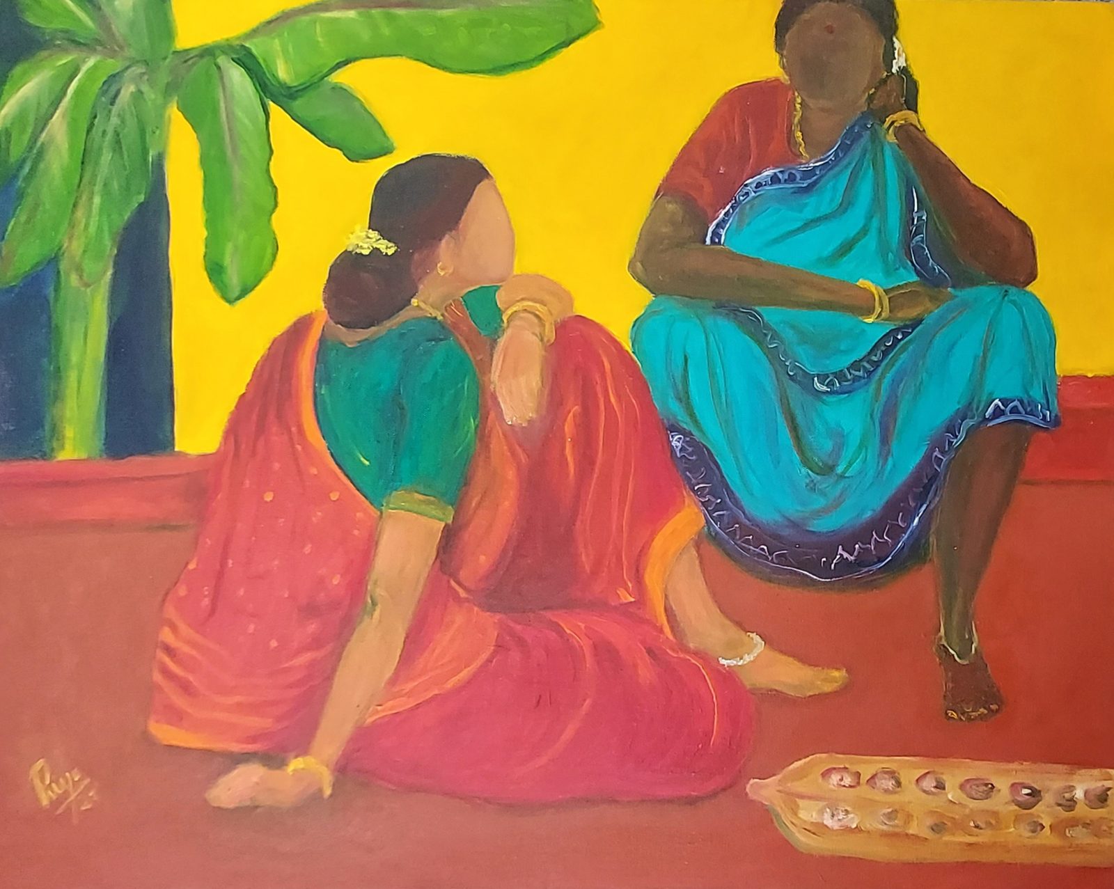 Conversation 1 — two women in saris talking on a red oxide floor beside a banana tree