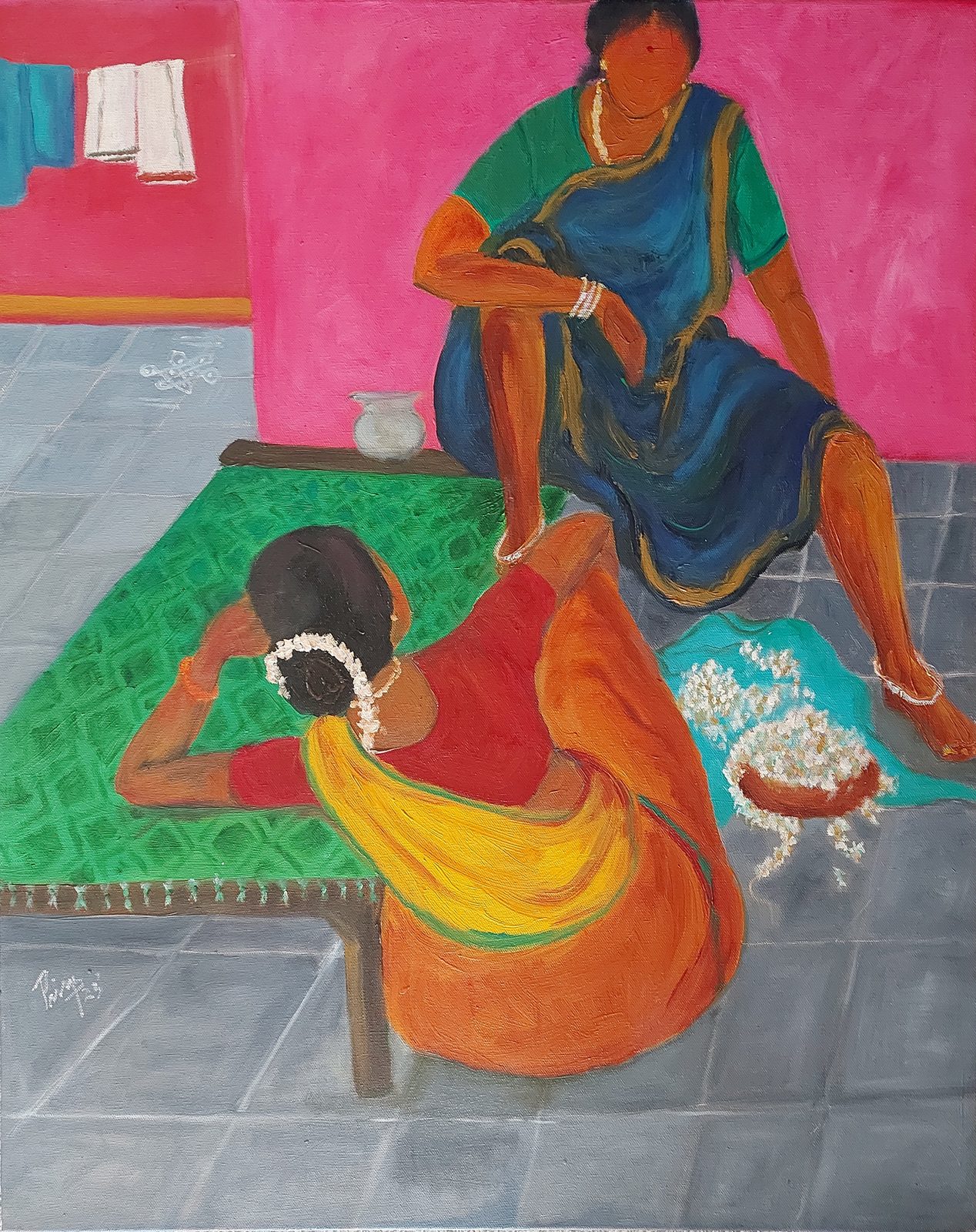 Conversation 2 — women mid-talk in vivid colour