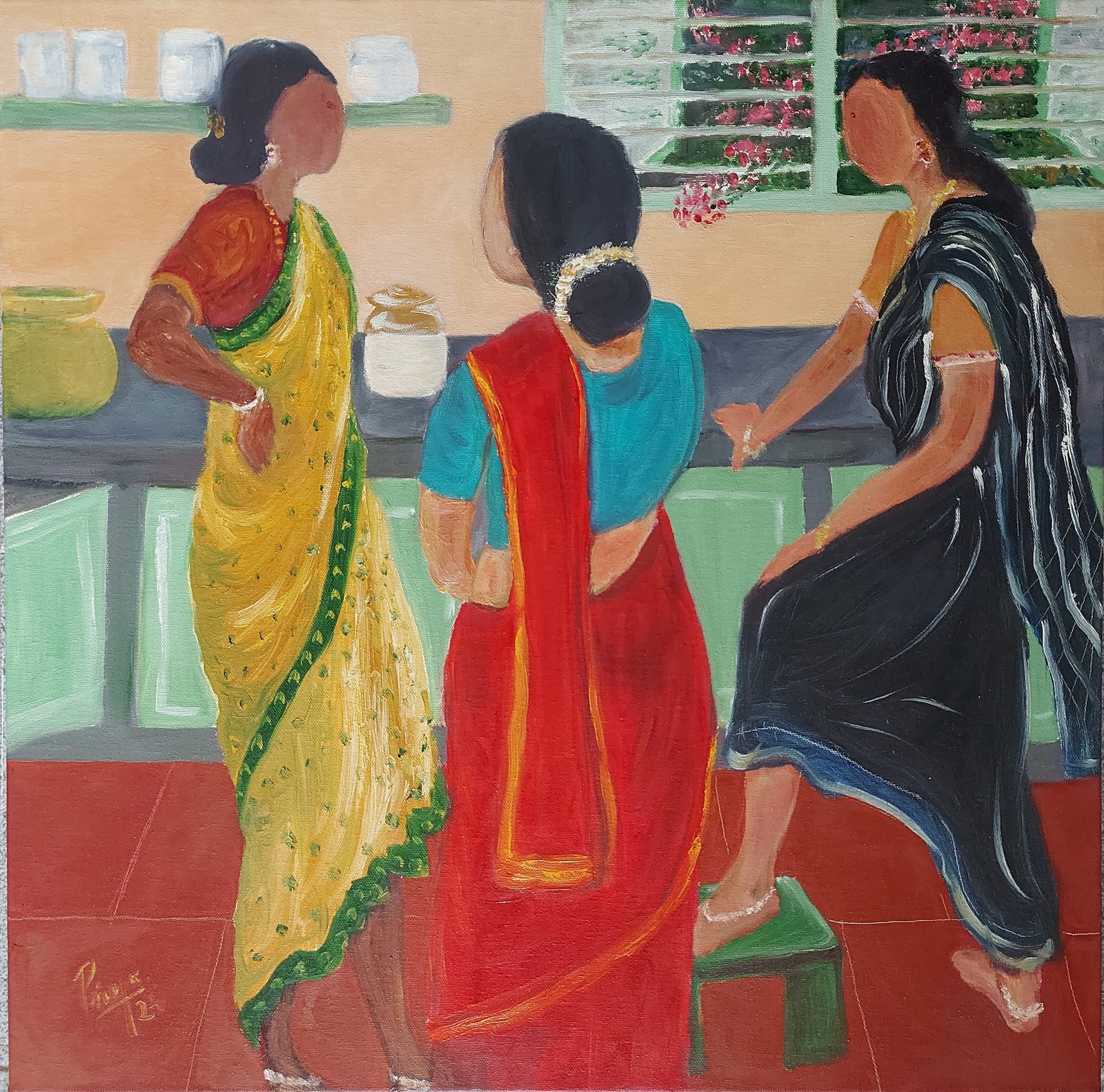 Conversation 5 — women resting on a cot draped with a woven blanket