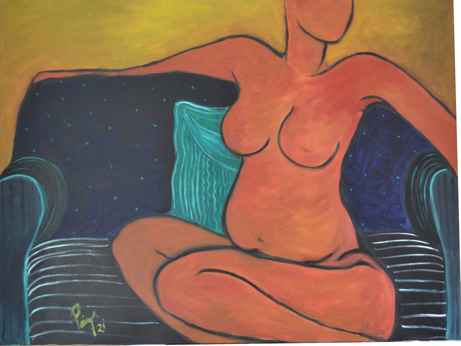 At Rest — a terracotta figure seated cross-legged on a striped couch beneath a starry sky