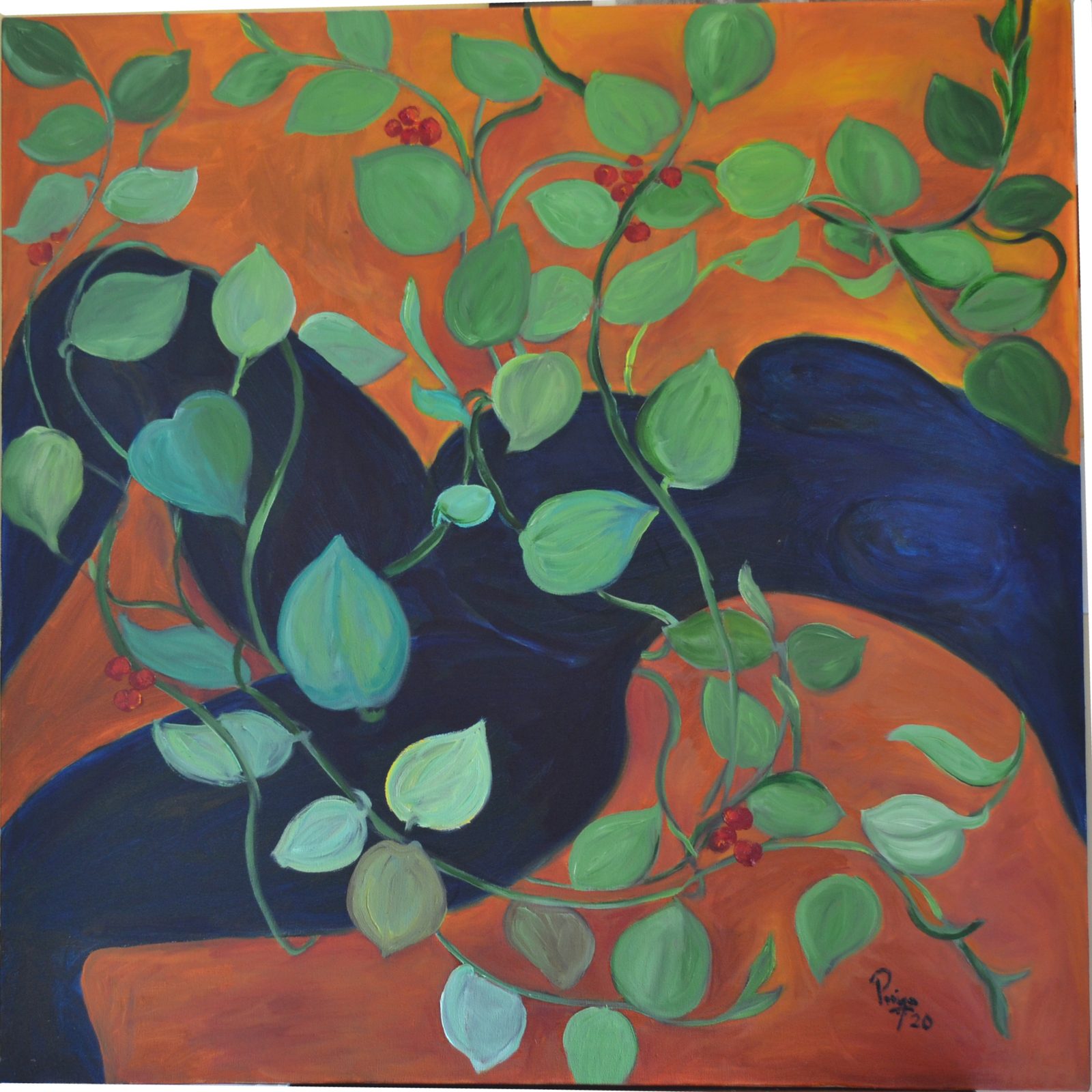 Unbound 2 — figure and flora intertwined in deep blues and oranges