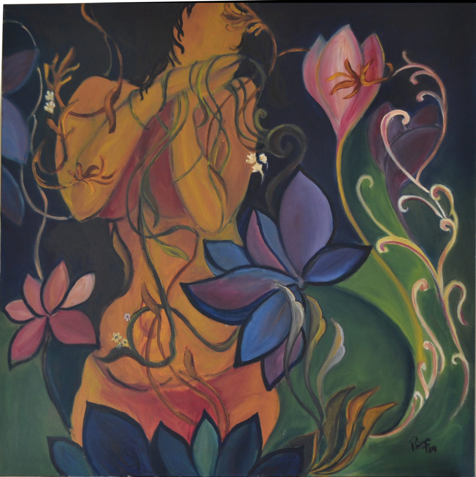 Unbound 1 — a nude figure seen from behind, entwined with flowers and vines on a dark ground