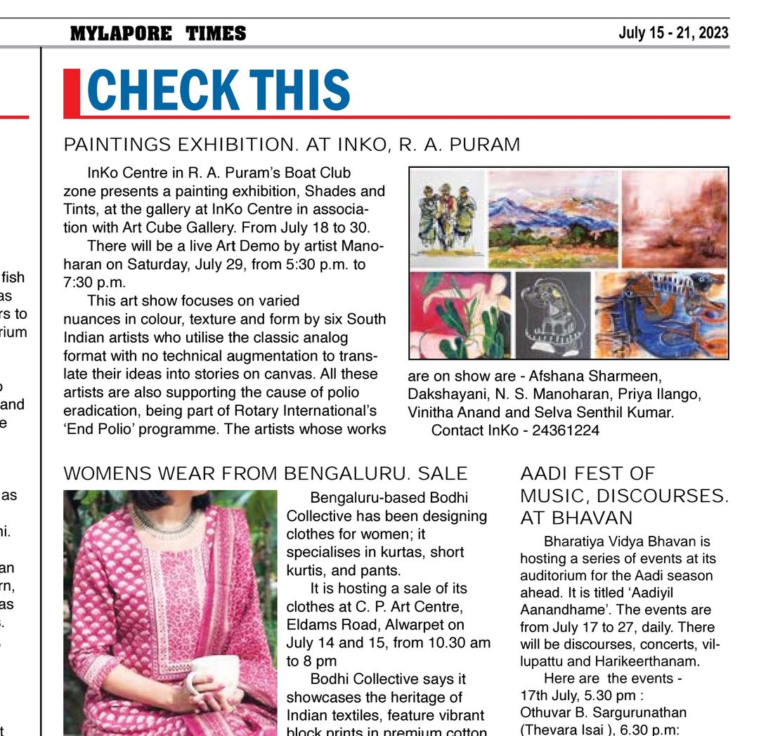 Mylapore Times listing for the Shades and Tints exhibition